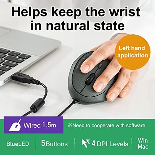 SANWA Left Hand Ergonomic Mouse, Wired Lefty Mouse for Small & Medium Hands