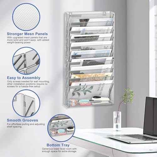 EasyPAG Wall File Holder 10 Tier Mesh Hanging Folder Organizer with Flat Tray Wall Mounted Mail Organizer Magazine Paper Desk Shelf with Nametag Label for Office Home School, Silver