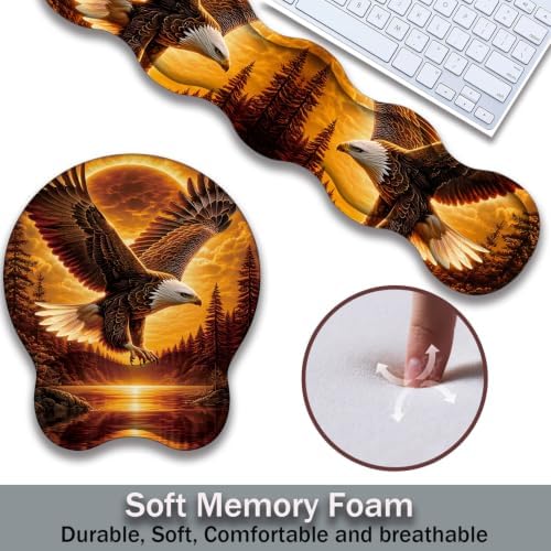 Ergonomic Keyboard Wrist Rest & Mouse Wrist Support Set with Lace Coaster, Gel Memory Foam Anti-Slip Base, Pain Relief for Typing, Bald Eagle Sunset