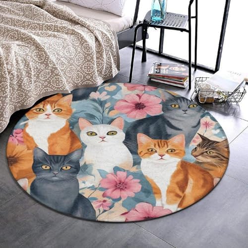 Fashion Round Area Rug Large Non Slip Carpet Unisex Home Decor Mat Cat Lovers Kitten