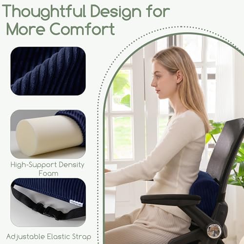 HIGOGOGO Lumbar Roll Lumbar Support Pillow for Office Chairs, Cars, and Gaming Chairs, Back Cushion with Washable Cover & Adjustable Strap to Relieve Back Pain and Improve Posture, 15"x6"x5", Navy