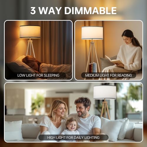EOEYYOYB Floor Lamp with 3 Light Modes Adjustable– Wood Tripod Floor Lamp Modern LED Standing Lamp with Dimmable Brightness, Perfect for Living Room, Bedroom, and Office, Burlywood