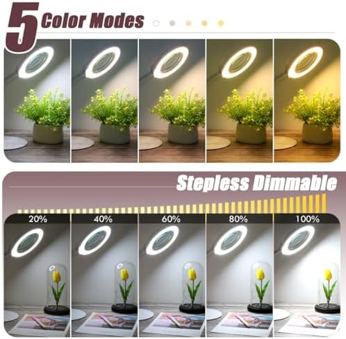 10X Magnifying Glass with Light and Stand, 16.5in Flexible Goose-Neck, 5 Color Modes Stepless Dimmable LED Lighted Desk Lamp, Hands Free Magnifier for Crafting Hobby Painting Close Work - White
