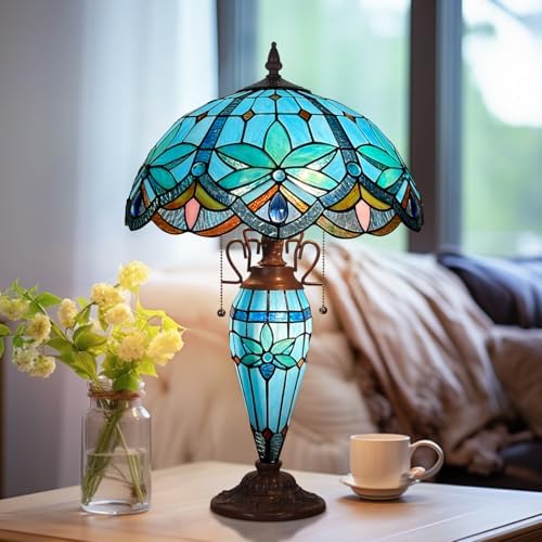Tiffany Lamp 16 inch Blue Stained Glass Table Lamp with Nightlight