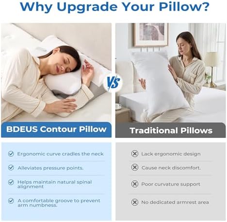BDEUS Ergonomic Cervical Pillow for Side Sleepers, 2-in-1 Contour Orthopedic Memory Foam Pillow for Neck Shoulder Pain Relief, Sleep Apnea, Anti Snore, Pillow with Arm Rest, Head Cradle, White