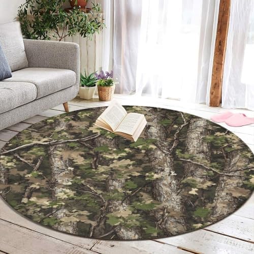 Large Home Decor Mat, Soft Round Yoga Carpet, Non Slip Machine Washable Home Office Circle Rug Hunting Camo Tree Camouflage