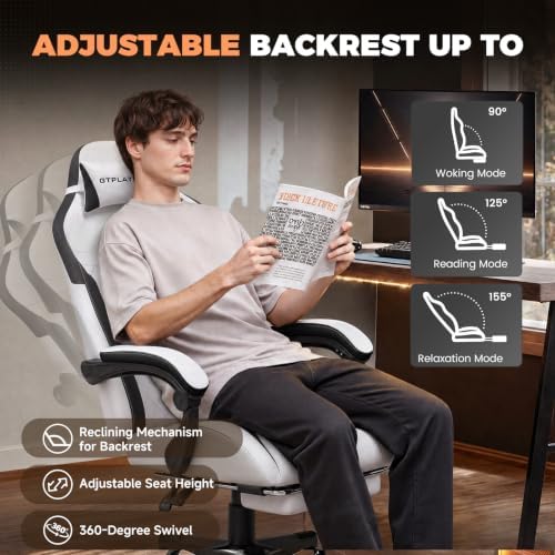 GTPLAYER Gaming Chair with Footrest, Ergonomic Office Chair 400lbs Heavy Duty, Big and Tall Computer Desk Chair with Lumbar Support and Headrest, Breathable Tech Fabric, 90-155° Recline Grey