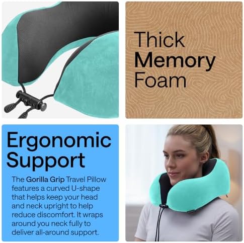 GORILLA GRIP Travel Neck Pillow for Airplanes, Travel Essentials, Turquoise