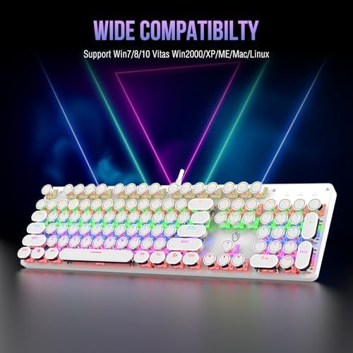 Typewriter Mechanical Gaming Keyboard with RGB Backlit Red Switches, 104 Keys Retro Round Keycap, Wired Typewriter Style Comfortable Typing Soud (L-White)