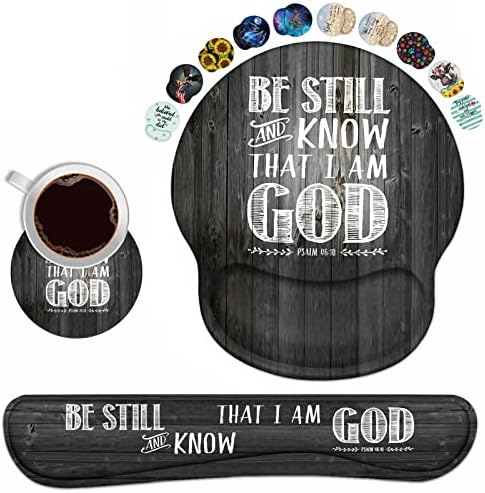 Keyboard Wrist Rest and Mouse Pad Wrist Support Set with Coasters, Ergonomic Gaming Mousepad Non-Slip PU Base for Home Office Working Studying Easy Typing & Pain Relief - Bible Verse Psalm 46:10