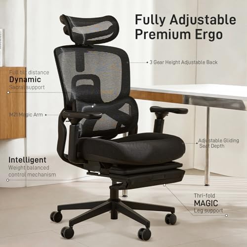 FLOW360 Ergonomic Mesh Office Chair with Footrest, Big&Tall Chair Black FM