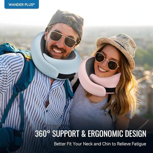 WANDER+® Travel Neck Pillow, Pure Memory Foam Neck Pillow for Airplanes, Comfortable Breathable Cover, 360 Degree Support Ergonomic Design Best for Sleeping Plane Train Travel Essentials Max Sky Blue