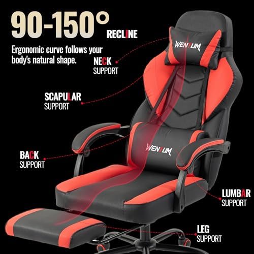Ergonomic Gaming Chair, Massage & Footrest,350lb Capacity,Breathable PU,Red