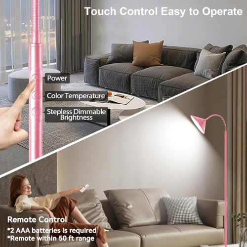 Yikuneng Dimmable LED Floor Lamp, Super Bright Reading Lamps Floor Standing lamp with Remote & Touch Control, Stepless Dimming & 2700K-6500K Color Temperature, for Living Room Bedroom Office, Pink