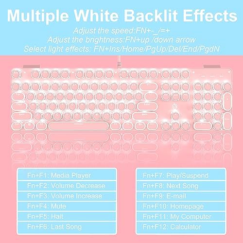 YSCP Typewriter Style Mechanical Gaming Keyboard White Backlit Wired with Blue Switch Retro Round Keycap 104 Keys Keyboard (Pink)