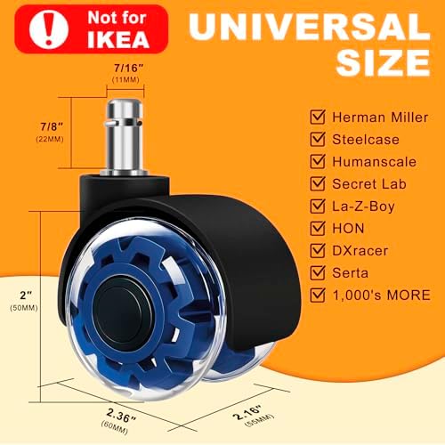 Office Chair Wheels, 2 Inch Smooth & Quiet Rolling Casters Replacement, Computer Gaming Chair Casters for All Hardwood Floors & Carpet, Smooth Safe Rubber Wheels-Set of 5, Blue