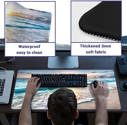 Mouse Pad with Beach View – Sunrise Scenery Desk Pad – Portable Computer Mousepad – Gaming, Office, Waterproof, Non-Slip, Stitched Edges 31.5 x 11.8inches x 3mm