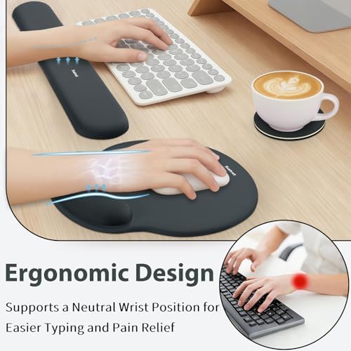 Sushret Mouse Pad and Keyboard Wrist Rest, 3-in-1 Gel Memory Foam Ergonomic Mouse Pad with Wrist Rest Set, Gaming Mousepad Arm Cushion Support for Computer Office Desk Accessories Cute Setup, Charcoal
