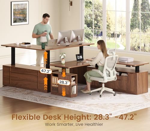 SEDETA Fluted L Shaped Executive Electric Standing Desk with 4 Drawers