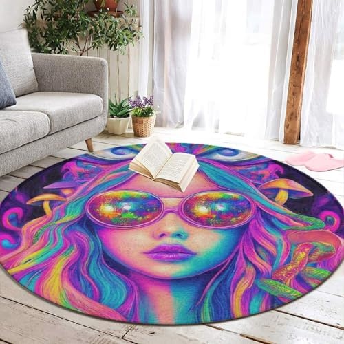 Machine Washable Modern Round Area Rug, Room Sofa Yoga Soft Round Carpet, Home Decor Non Slip Kitchen Office Circle Rug Trippy Goth Girl Mushroom Art, 60inch