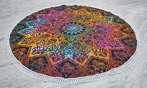 Round Beach Tapestry Turquoise Mandala Throw/Boho Hippie Beach Blanket Roundie/Indian Cotton Bohemian Large Round Table Cloth-Home Decor/Yoga Mat Meditation Picnic Rug (42", Multi Blue)