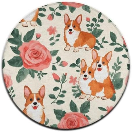 Fashion Round Area Rug Large Non Slip Carpet Unisex Home Decor Mat Floral Flowers Cute Corgi