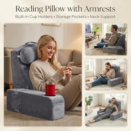 19 INCH Reading Pillow for Adults, Back Pillow for Bed Sitting Up, Backrest Pillow for Sitting in Bed, Detachable Arms with Built-in Cup & Phone Caddy (Gray, 19 INCH)
