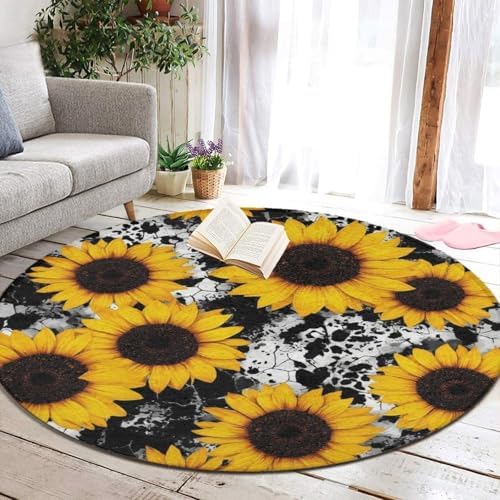 Highly Premium Quality Floor Mat, Office Chair Decor Mat, Room Sofa Yoga Soft Round Carpet 80s Vintage Cow Print Sunflowers, 60inch