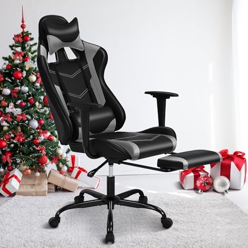 Grey Gaming Chair With Footrest, PU Leather for Adults, High Back Comfy Office Ergonomic Desk, Reclining Gamer, Height & Backrest Adjustable, 300 Lbs
