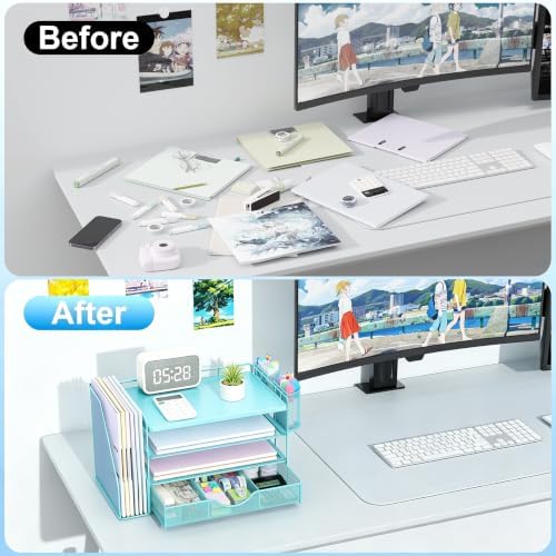 gianotter Desk Organizers and Accessories with File Holder, 4-Tier Desk Accessories & Workspace Organizers with Drawer and 2 Pen Holder, Desk Reference Organizer (Blue, 4T with Metal Drawer)