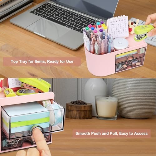 Meiikun Desk Organizer with Drawer, Pen Organizer for Desk, Small Pencil Holder, Desk Organizers and Accessories for Office Home Storage (2 Drawers+4 Compartments, Pink)