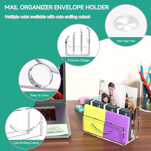 Mail Organizer Envelope Holder - 3 Compartments Clear Acrylic Mail Holder Countertop Home Office Desk Organizer Small File Sorter Vertical Bill Letter Paper Document Storage Rack