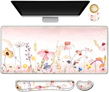 AIMSA Keyboard Mouse Pad Wrist Rest, Extended Gaming Mouse Pad +Wrist Support, Ergonomic Memory Foam,XXL Large Mousepad Easy Typing Pain Relief, 4Pcs (35×15.7 in) Desk Mat, Pink Flowers