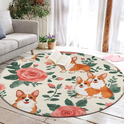 Fashion Round Area Rug Large Non Slip Carpet Unisex Home Decor Mat Floral Flowers Cute Corgi