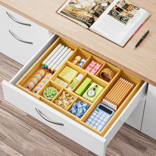 Marbrasse Bamboo Expandable Drawer Organizer, Desk Drawer Organizer Tray with 5 Dividers, Desk Organizers and Accessories, 10 Adjustable Compartments for Office Supplies, Junk, Makeup & Vanity