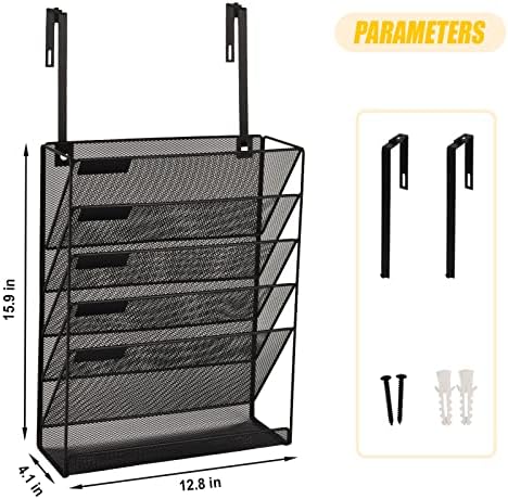 EASEPRES Desk File Organizer Mesh 6-Tier with Hangers, Hanging Wall Mount Document Organization Stand, Desktop Vertical Mail Paper Folder Holder with Bottom Tray for Office Home Cubicle, Black