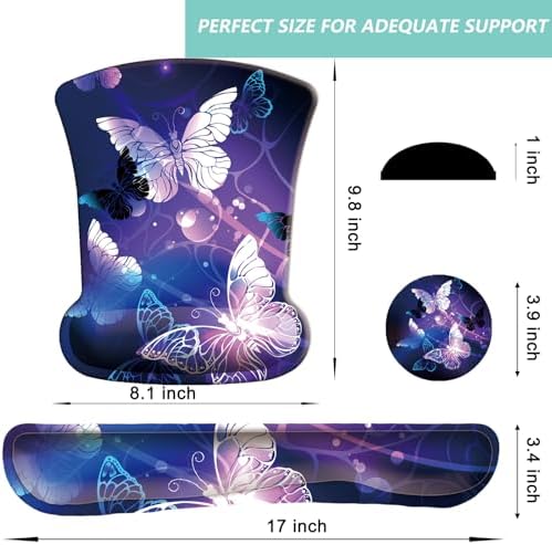 Keyboard Wrist Rest Pad Mouse Pad with Wrist Support Set of 3, Gaming Mousepad with Non-Slip Rubber Base, Ergonomic Memory Foam Mouse Cushion Support for Home Office Laptop Computer, Butterfly