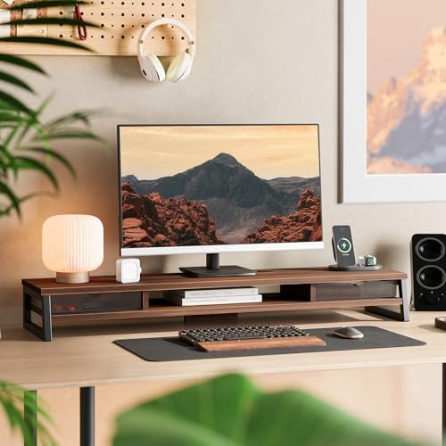 Fenge Dual Monitor Stand Riser, 42.5in Desk Shelf with 2 Drawers, Brown