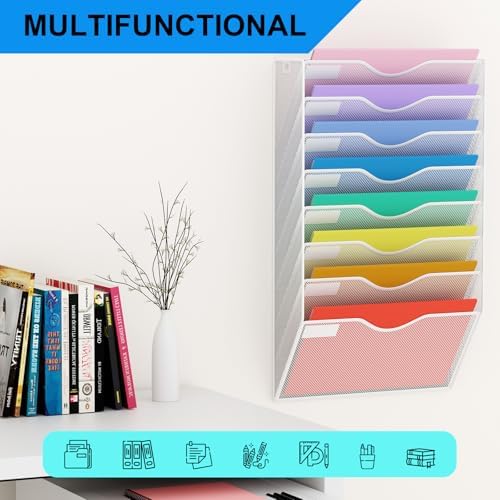8 Pockets Mesh Hanging Wall File Holder Organizer Wall Mounted Paper Magazine Rack, White