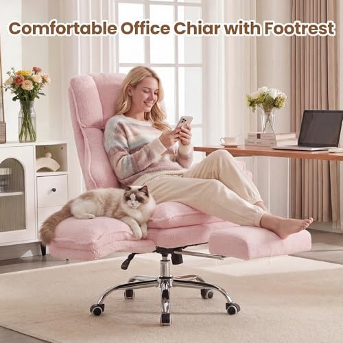 Big and Tall Office Chair with Flip Arms and Footrest, Teddy Criss Cross Legged Home Office Desk Chair with Pet Seat, Comfy Reclining Computer Gaming Chair, Pink