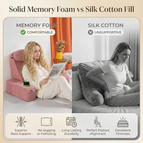 Reading Pillow for Adults, Back Pillow for Bed Sitting Up, Backrest Pillow for Sitting in Bed, Detachable Arms with Built-in Cup & Phone Caddy (Dusty Pink-Corduroy, 19 INCH)