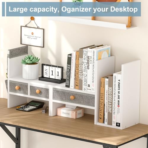 X-cosrack Adjustable Desk Shelves for Storage, Desktop Bookshelf with 3 Drawers, White Wood Desk Shelf for Top of Desk, Corner Desktop Organizer for Women Office
