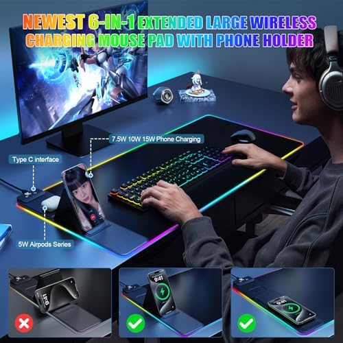 Wireless Charging RGB Mouse Pad with Phone Stand, Large Gaming Desk Mat (Black - 31.5x15.8 Phone Stand with PD Adapter)
