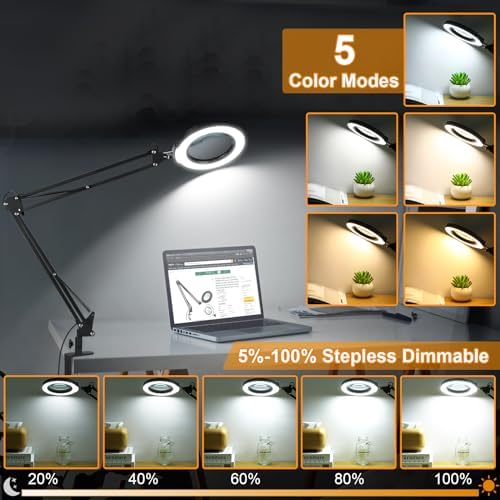 12X Large Magnifying Glass with Light and Clamp, Real Glass, 5 Color Modes, Stepless Dimmable, 2 x 16 Inch Adjustable Swing Arm Stand Desk Lamp, LED Lighted Magnifier Hands Free for Close Work, Hobby