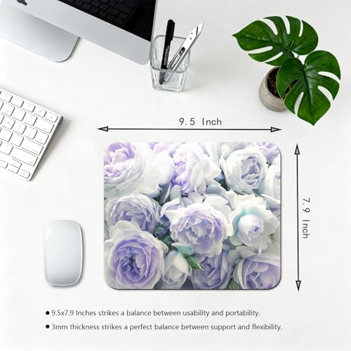 9.5x7.9 Inch Office/Gaming Mouse Pad, Soft Pastel Roses Flowers in A Dreamy Bouquet Floral Purple White Turquoise Cute Anti-Slip Mat for Desk