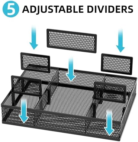 Marbrasse 2 Pack Desk Drawer Organizer, Mesh Drawer Organizer Tray with 8 Adjustable Compartments, Desk Organizers and Accessories, 5 Dividers Drawer for Office Supplies, Makeup & Vanity (Black-2P)