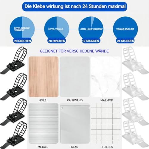 Adjustable adhesive cable management clips 100Pcs, large self adhesive cable ties clips ，Suitable for cable management under desks and on walls(Black)