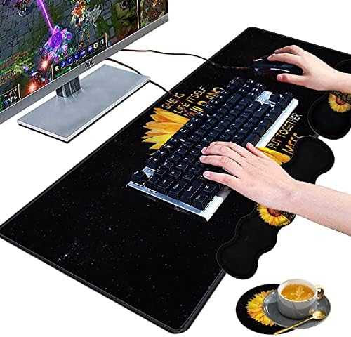 Large Gaming Mouse Pad, Keyboard Wrist Rest pad + Mouse Wrist pad + Coaster Set Extended Waterproof Non-Slip Table mat Suitable for Home Office Learning Games - Watercolor Sunflower