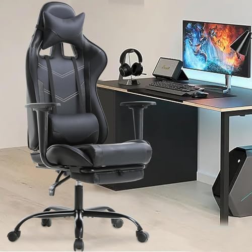 PC Gaming Chair with Footrest, Ergonomic Home Office Chair with Lumbar Support & Headrest Pillow, Black
