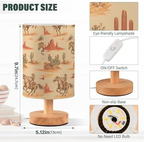 Bedside Lamp West Cowboy Horse Cactus Table Lamp for Bedroom LED Nightstand Lamp Shade USB Ports Wood Base for Living Room Dorm Office